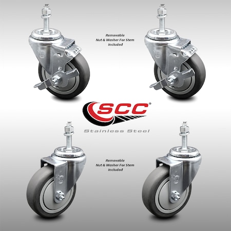 Service Caster 4 Inch SS Thermoplastic Rubber Swivel 1/2 Inch Threaded Stem Caster Brakes, 2PK SCC-SSTS20S414-TPRB-381615-2-TLB-2